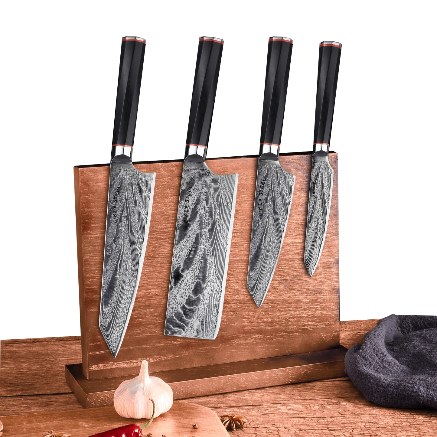 KATANA FIVE | Essentielles 5-teiliges Messerset | 4 Messer mit Magnetischem Holzblock
