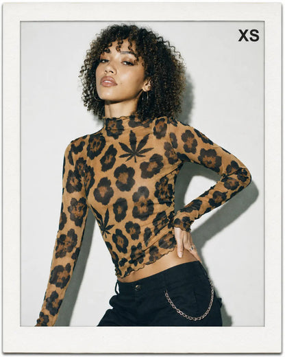 Leopard High-Neck Mesh Long-Sleeve Top