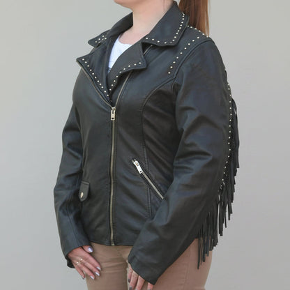 Women's Studded Leather Jacket with Removable Fringe