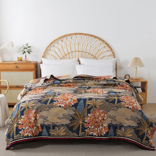 Wild Garden Boho Cotton Blanket/Throw - Blue/Gold