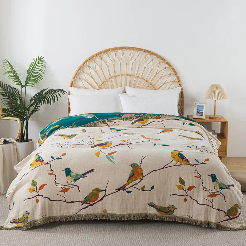 Wild Garden Boho Cotton Blanket/Throw - Cream/Teal