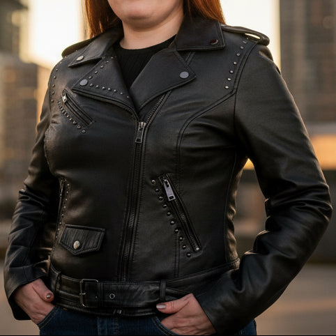 BOL Women’s Nova Leather Moto Jacket. Shadow Chrome Studded Biker Jacket with Waist Belt