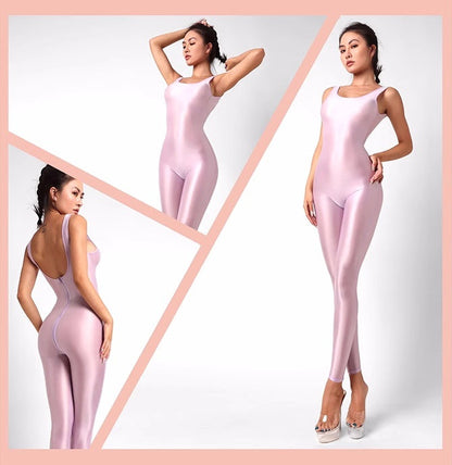 Sleeveless Sheer Spandex Bodysuit Glossy Silky Spandex Yoga Suit Lingerie