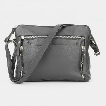 Leather Crossbody Slim Bag with Zippered Pockets & Adjustable Strap