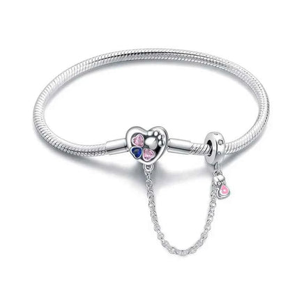 Sterling Silver Heart Paw Print Charm Bracelet with Safety Chain
