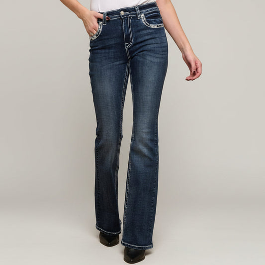 Skull Rider Women’s Music Note & Electric Guitar Bling Jeans. High Waisted Bootcut Western Denim