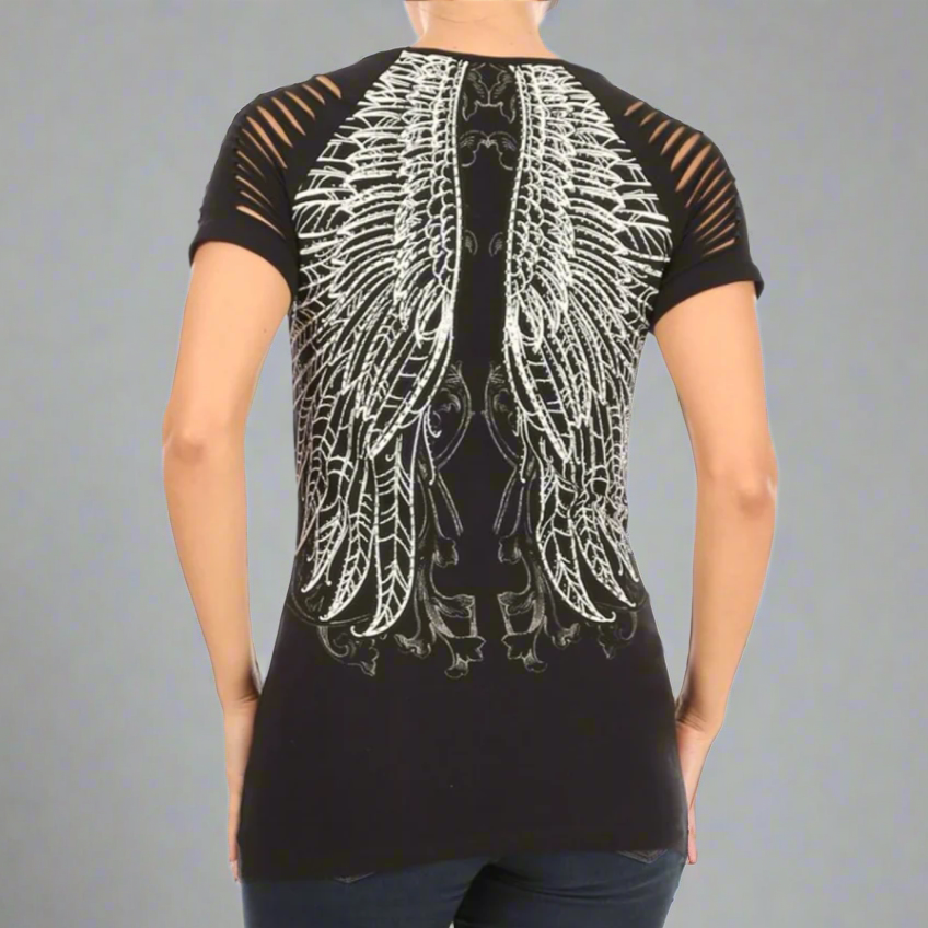 Women's Rhinestone Angel Wing Raglan Top