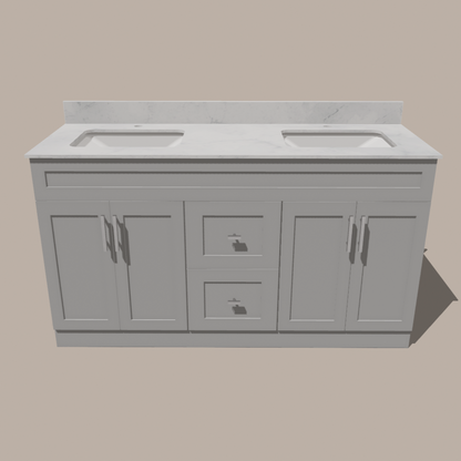72-Inch Double Sink Shaker Bathroom Vanity — White or Gray | Plywood Cabinet, Solid-Wood Doors, Soft-Close 3-Way Clip-On Hinges | Center 2 Drawers