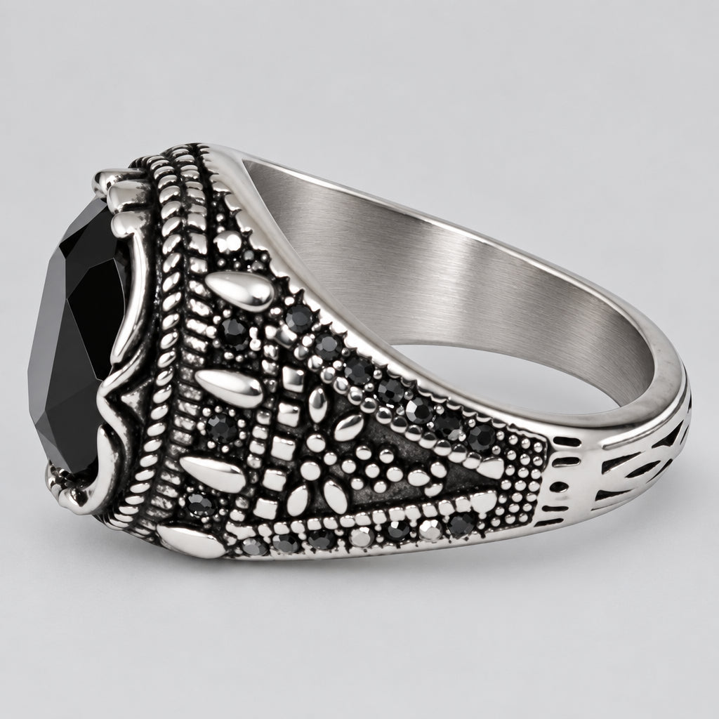 SteelTime Men's Stainless Steel Gothic Simulated Black Diamond Ring