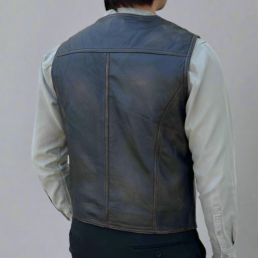 Men's Sheep Leather Ruboff Vest. Classic Button Closure & Front Pockets
