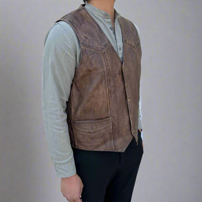 Men's Cow Leather Vest. Classic Style with Snap Closure & Front Pockets