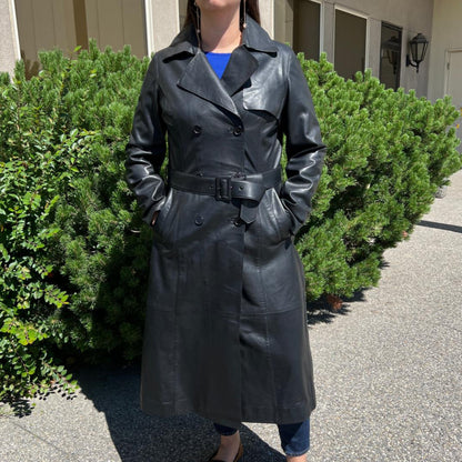 Women's Classic Leather Trench Coat. Double-Breasted Button Closure with Adjustable Belt