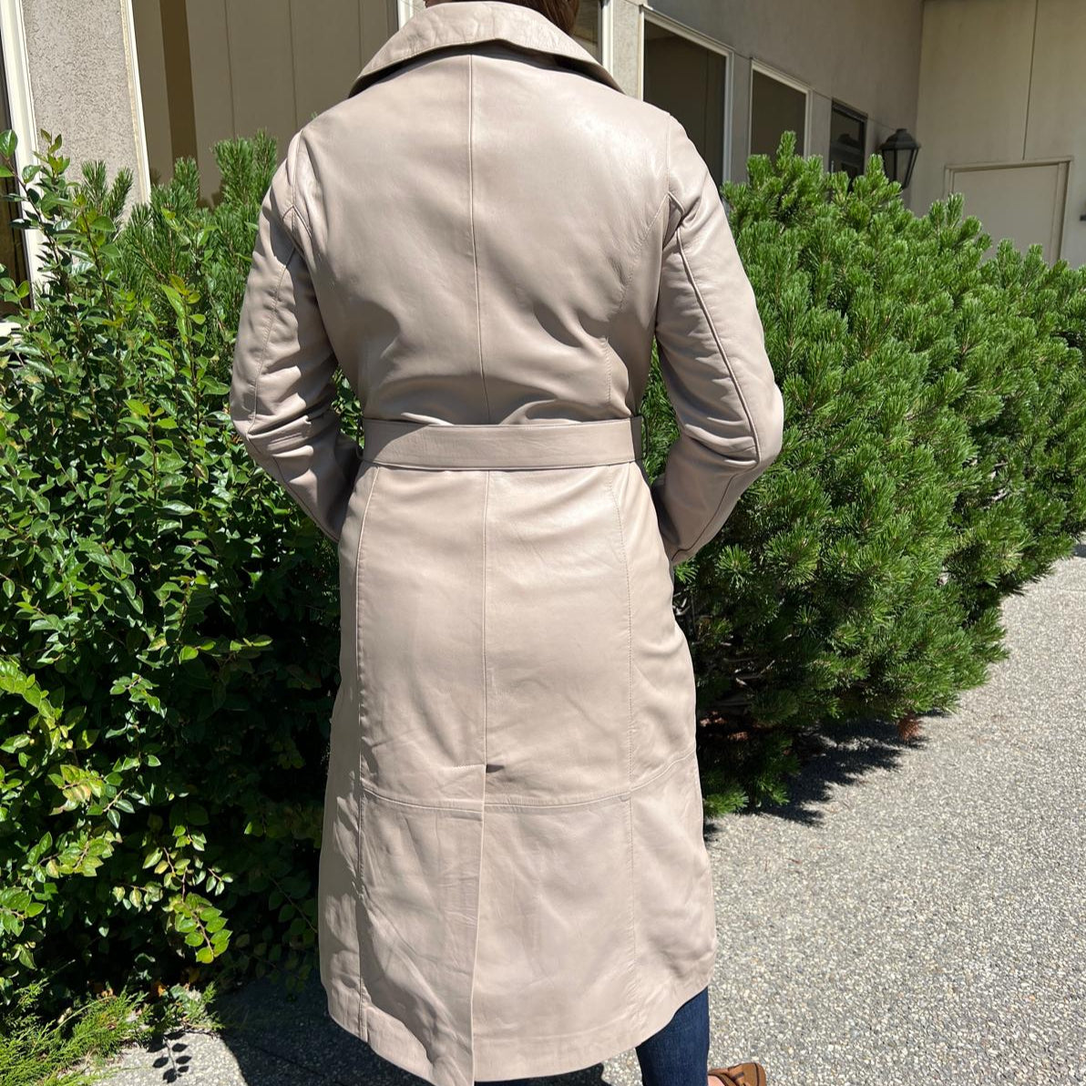 Women's Classic Leather Trench Coat. Double-Breasted Button Closure with Adjustable Belt