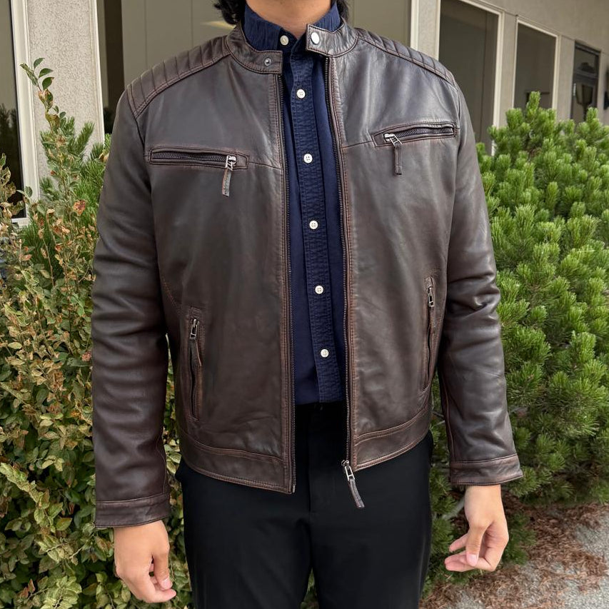 Men's Lamb Leather Jacket. Brown Vintage Style with Zip Pockets