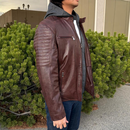 Men's Lamb Leather Jacket with Removable Hoodie