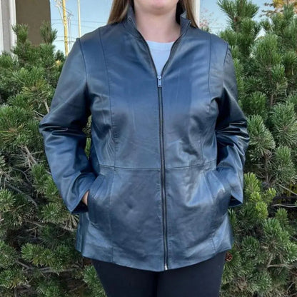 Women's Plus Size Lamb Leather Jacket with Zipper and Dual Pockets