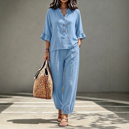 Women’s 2-Piece Casual V-Neck Top & Cropped Wide-Leg Pants Set – Retro Office Outfit