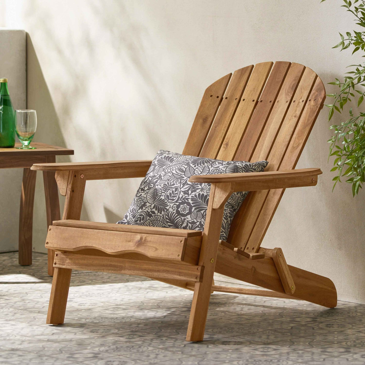 Folding Adirondack Chair – Teak Acacia Wood Outdoor Lounge Chair with Wide Armrests & Slatted Back