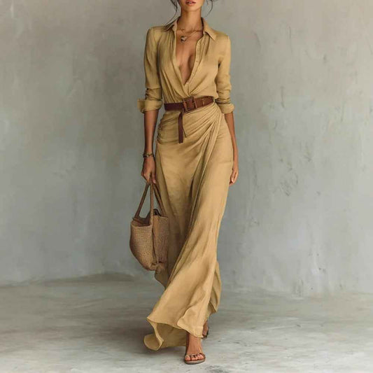 Women’s Long-Sleeve Shirt Dress with Belt – Button-Front Lapel Irregular Long Dress for Work & Casual Wear (US Delivery Only)
