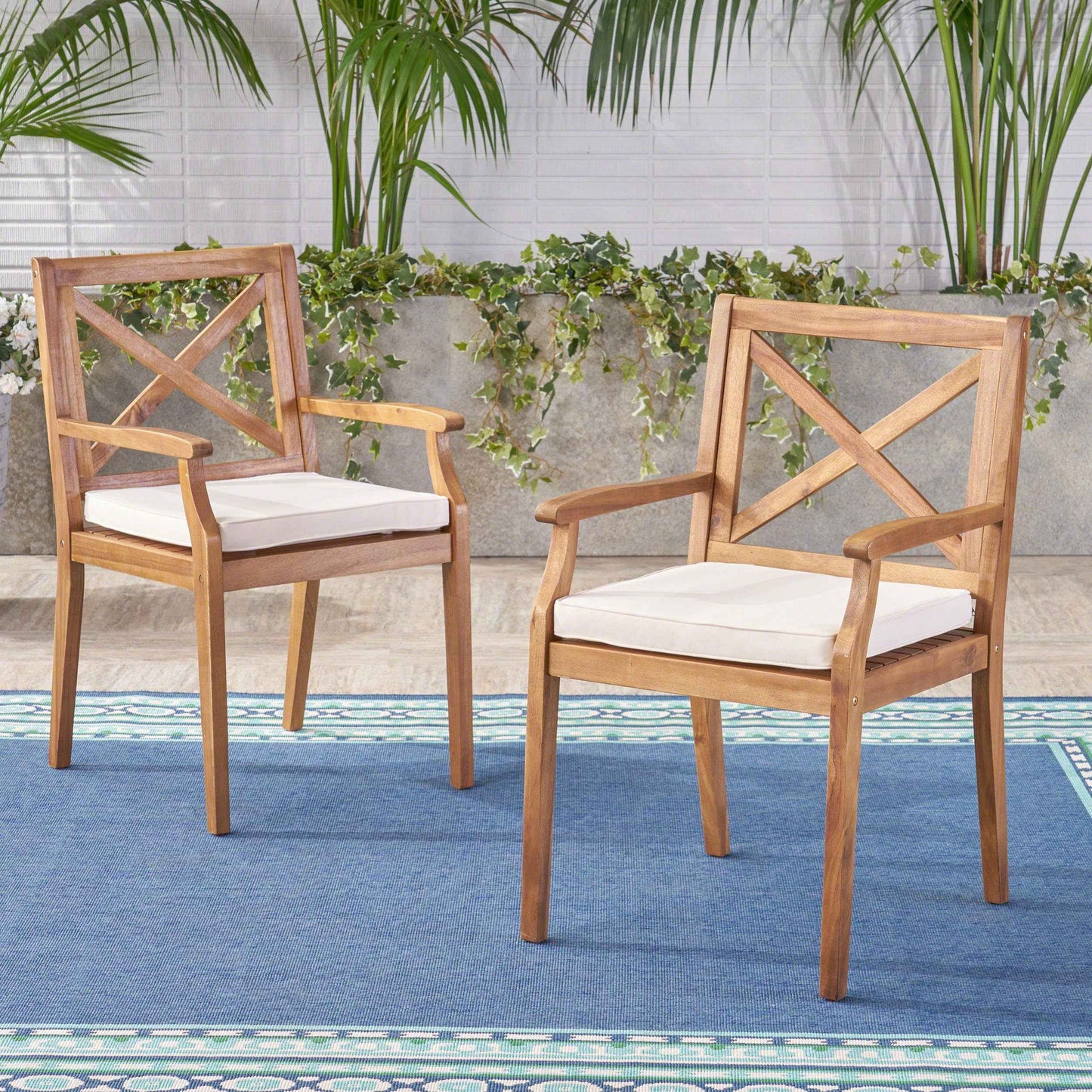 PERLA Outdoor Dining Chairs Set of 2 – Acacia Wood Patio Chairs with Water-Resistant Cream Cushions for Garden & Poolside