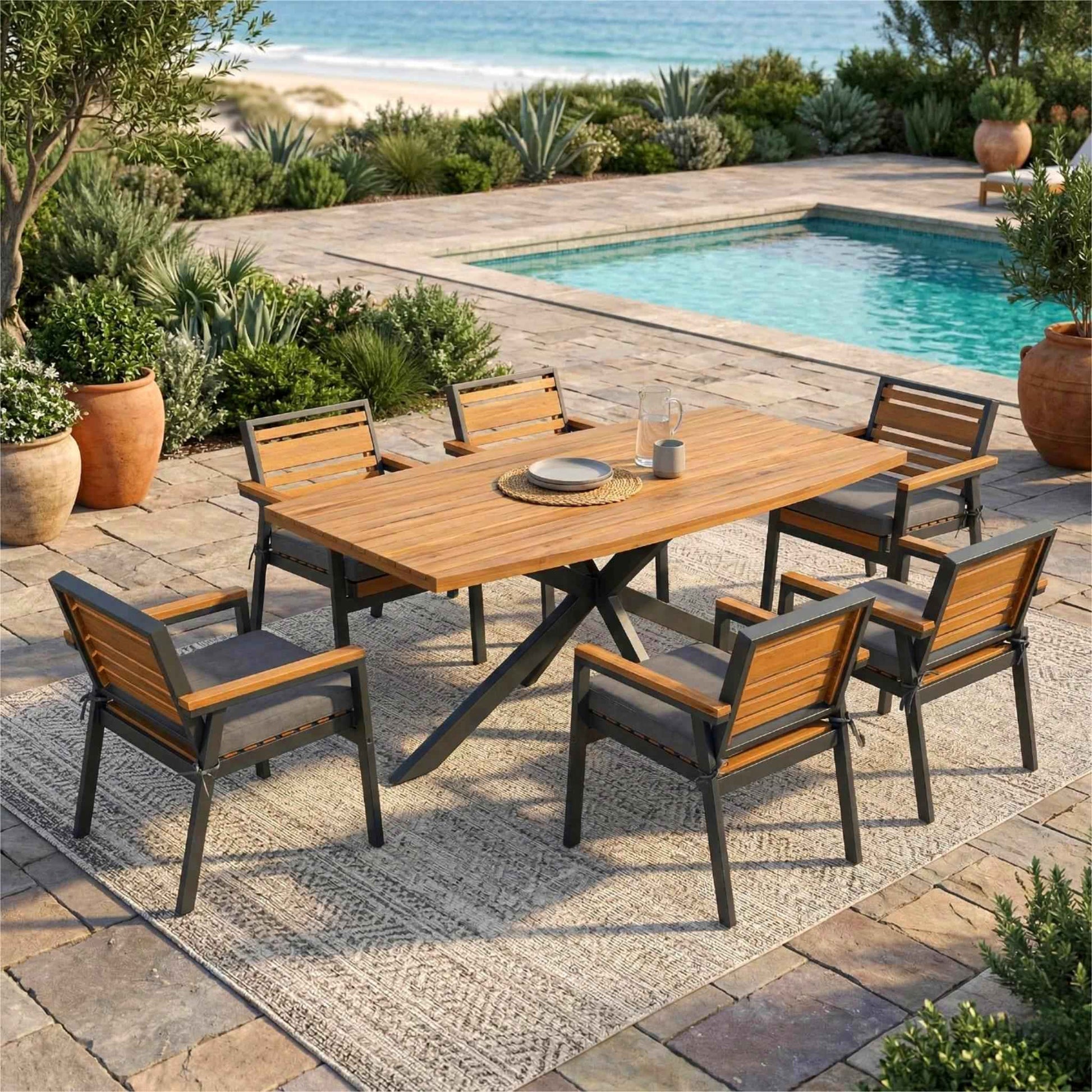 7-Piece Modern Outdoor Dining Set with Acacia Wood Table & 6 Cushioned Chairs – Gray Patio & Garden Furniture (Deliver to United States Only)