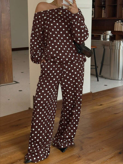 Women’s Polka-Dot Print Two-Piece Set – Long-Sleeve Sweatshirt & Loose-Fit Full-Length Pants