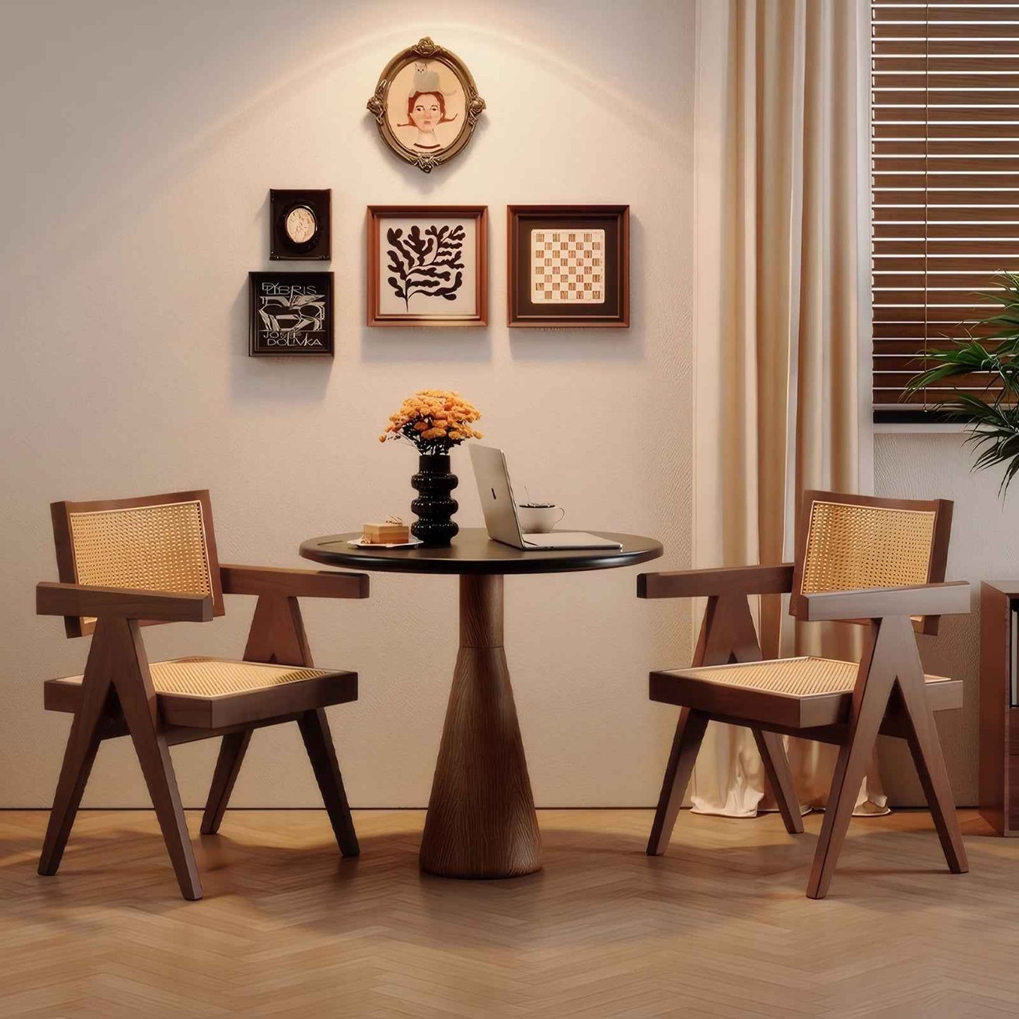 Modern Mid-Century Dining Chairs Set of 2 – Brown Rattan Accent Armchairs with Rubber Wood Frame (Deliver United States Only)