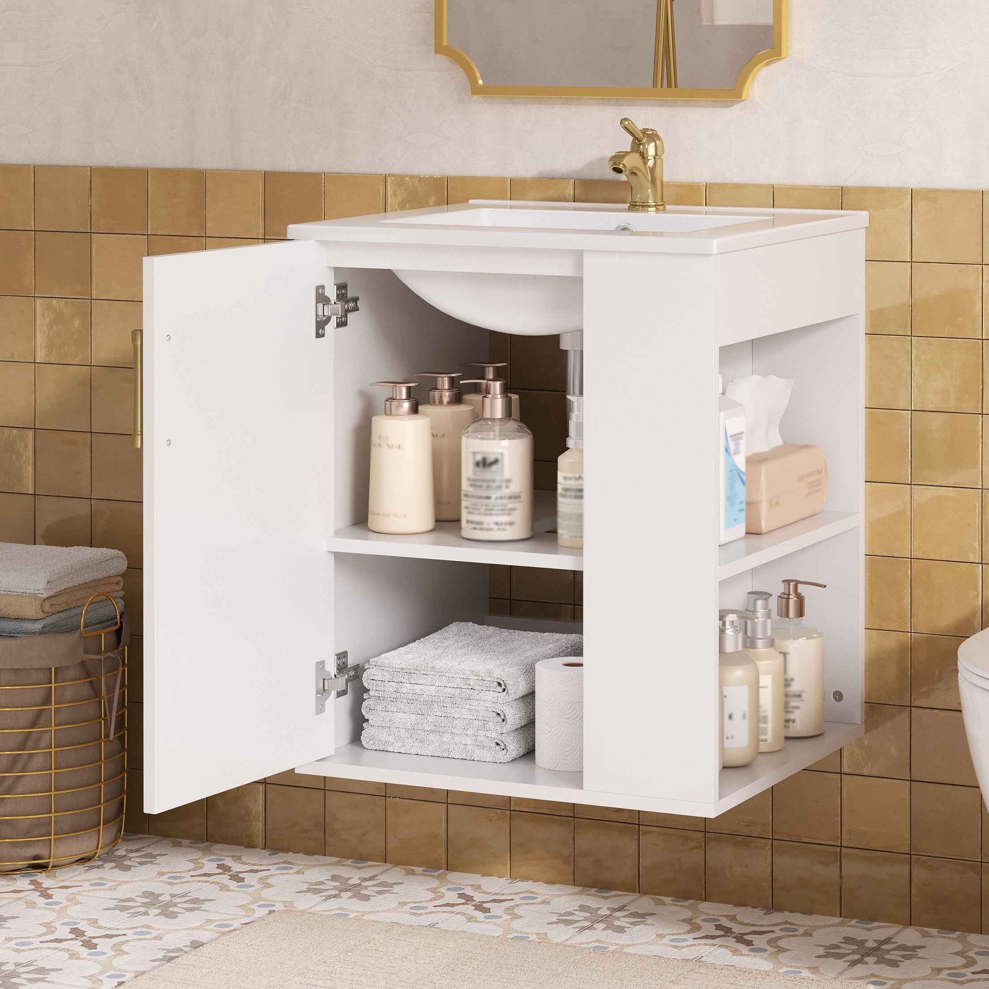 20" Wall Mounted Bathroom Vanity with Side Cabinet – White Sink Cabinet with Soft-Close Doors