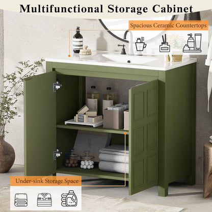 36" Olive Green Bathroom Vanity with Ceramic Sink – Freestanding Storage Cabinet