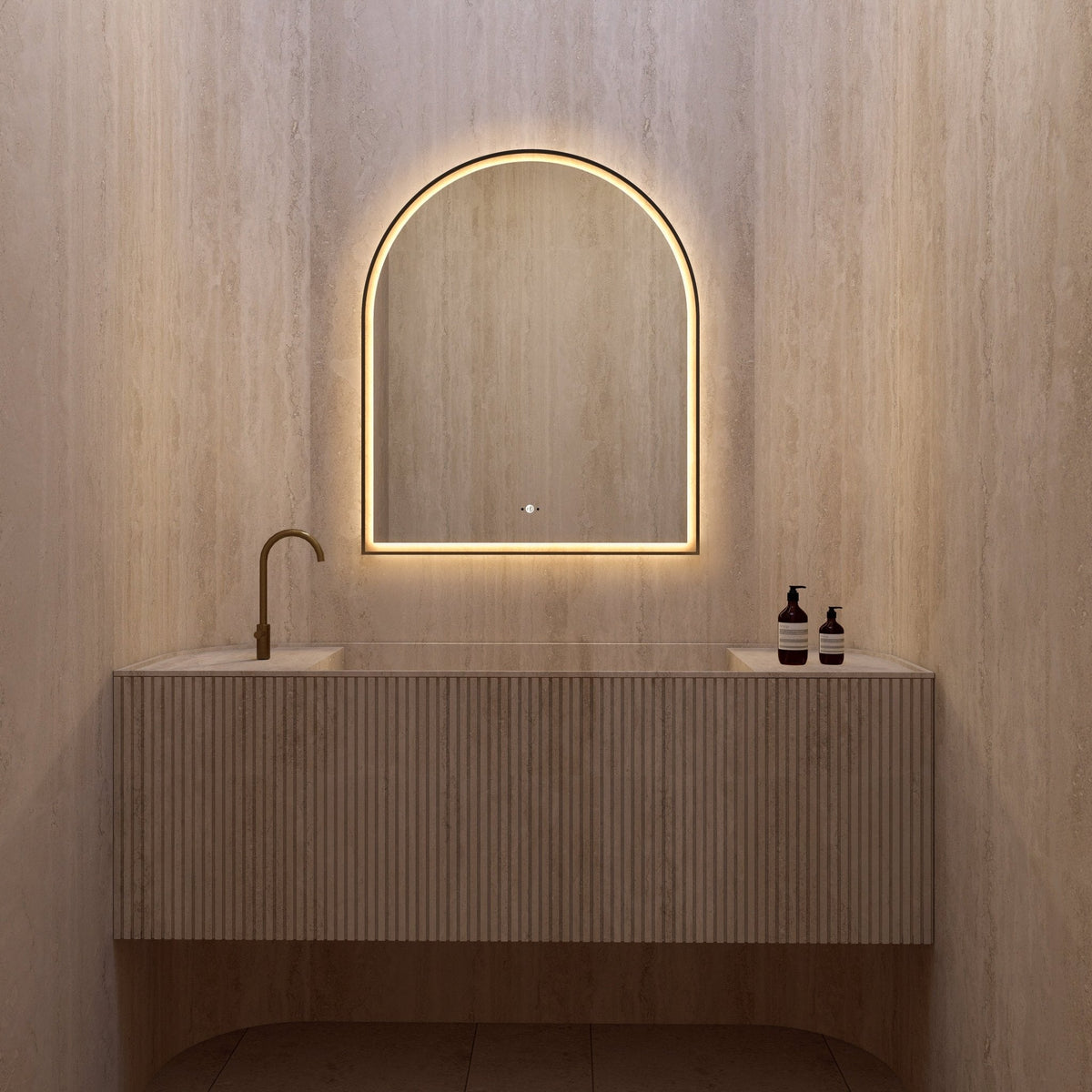 30" x 36" Arched LED Bathroom Mirror with Black Metal Frame