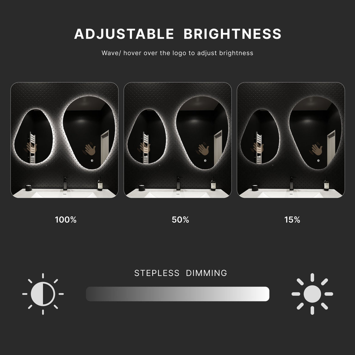 Asymmetrical Backlit LED Bathroom Mirror, Wave Sensor – 20"x28" / 24"x32"