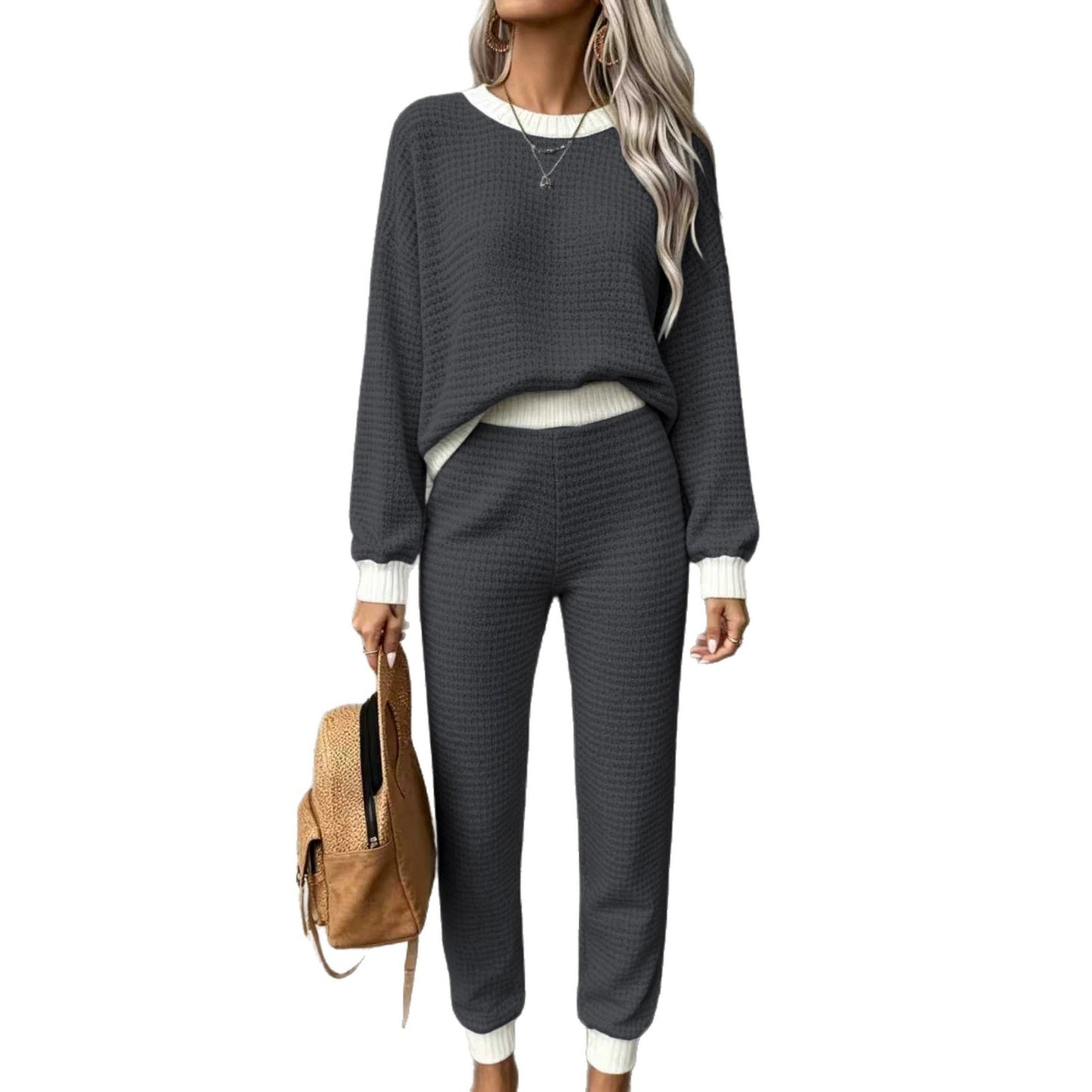 Women’s Waffle-Weave Sweatshirt & Pants Set – Casual Drawstring Crew-Neck Long-Sleeve Loungewear