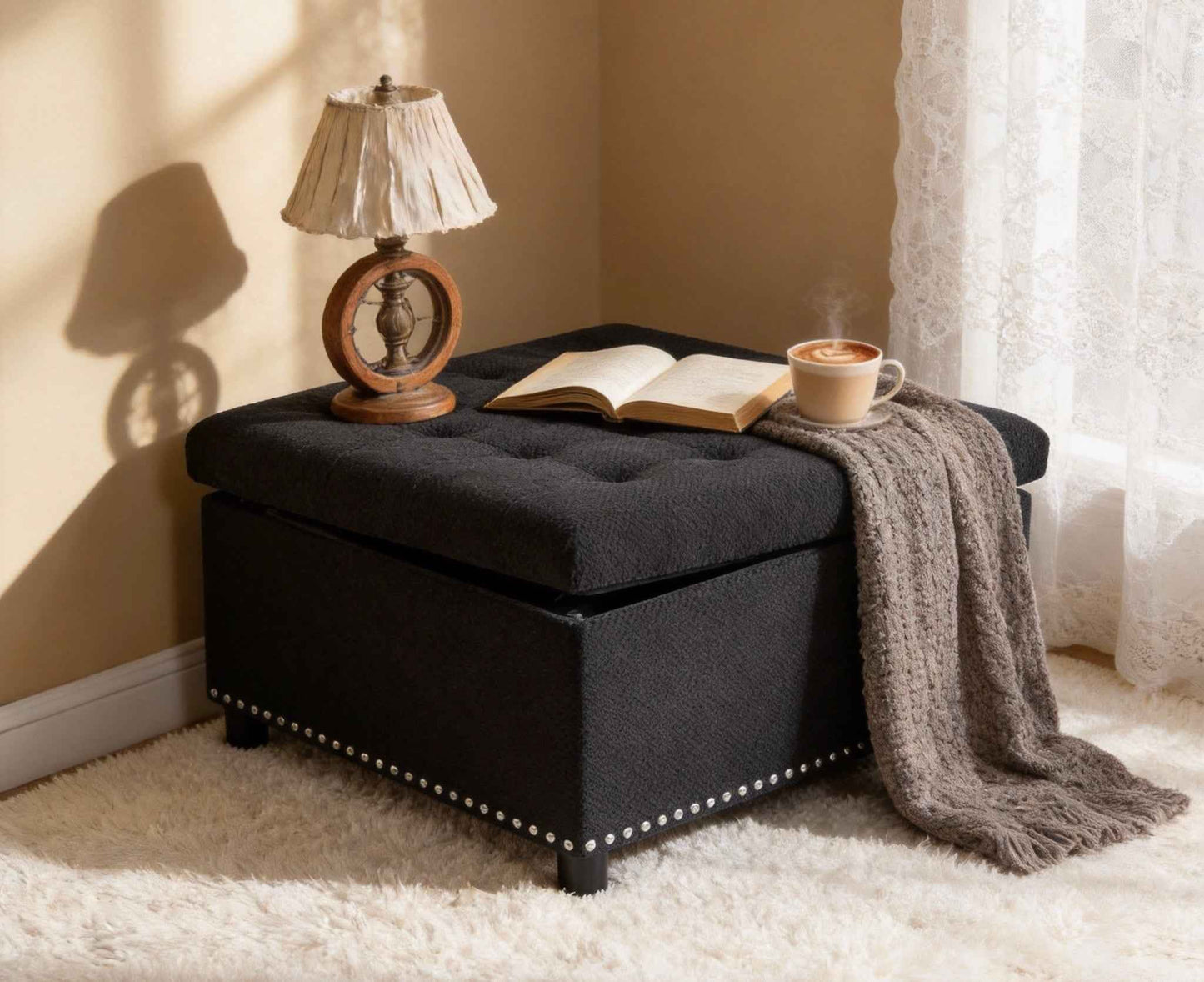 Black Tufted Storage Ottoman – Square Upholstered Footstool with Nailhead Trim & Hidden Storage (Deliver to United States Only)