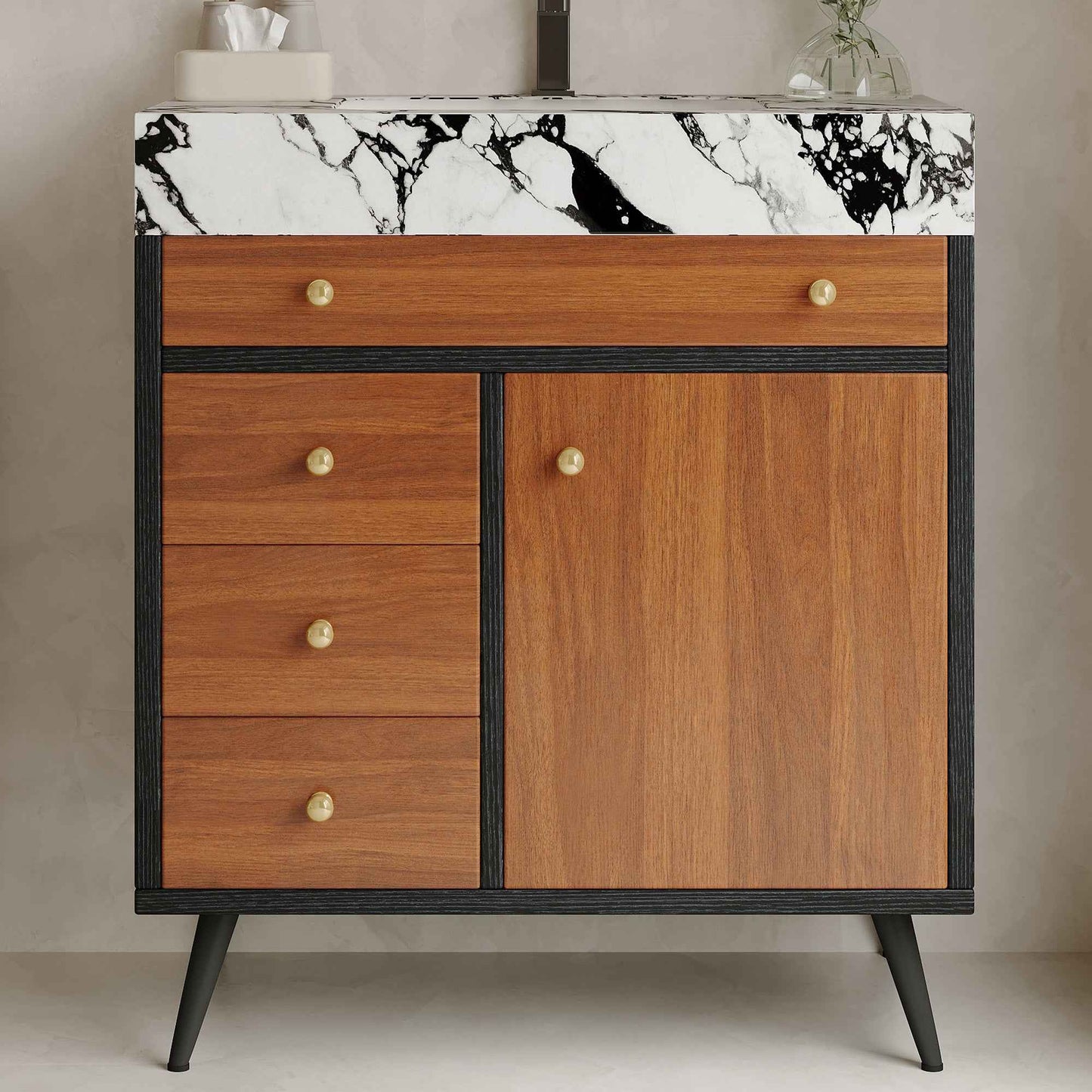 30" Modern Freestanding Bathroom Vanity with Ceramic Sink & Sintered Stone Top – Soft Close Storage Cabinet