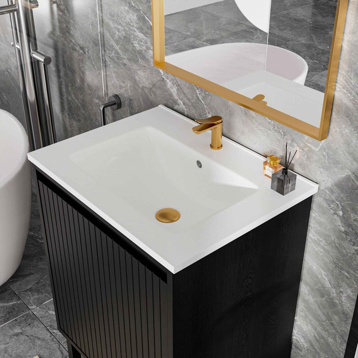 24-Inch Matte Black Bathroom Vanity Cabinet – Freestanding Storage Vanity Base Without Sink