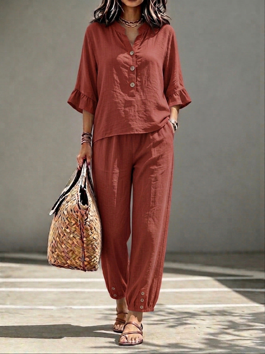 Women’s 2-Piece Casual V-Neck Top & Cropped Wide-Leg Pants Set – Retro Office Outfit