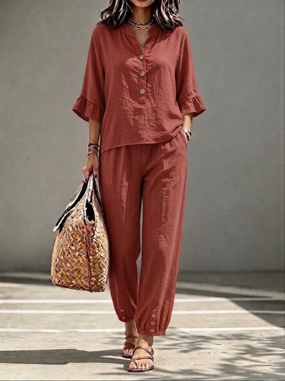 Women’s 2-Piece Casual V-Neck Top & Cropped Wide-Leg Pants Set – Retro Office Outfit