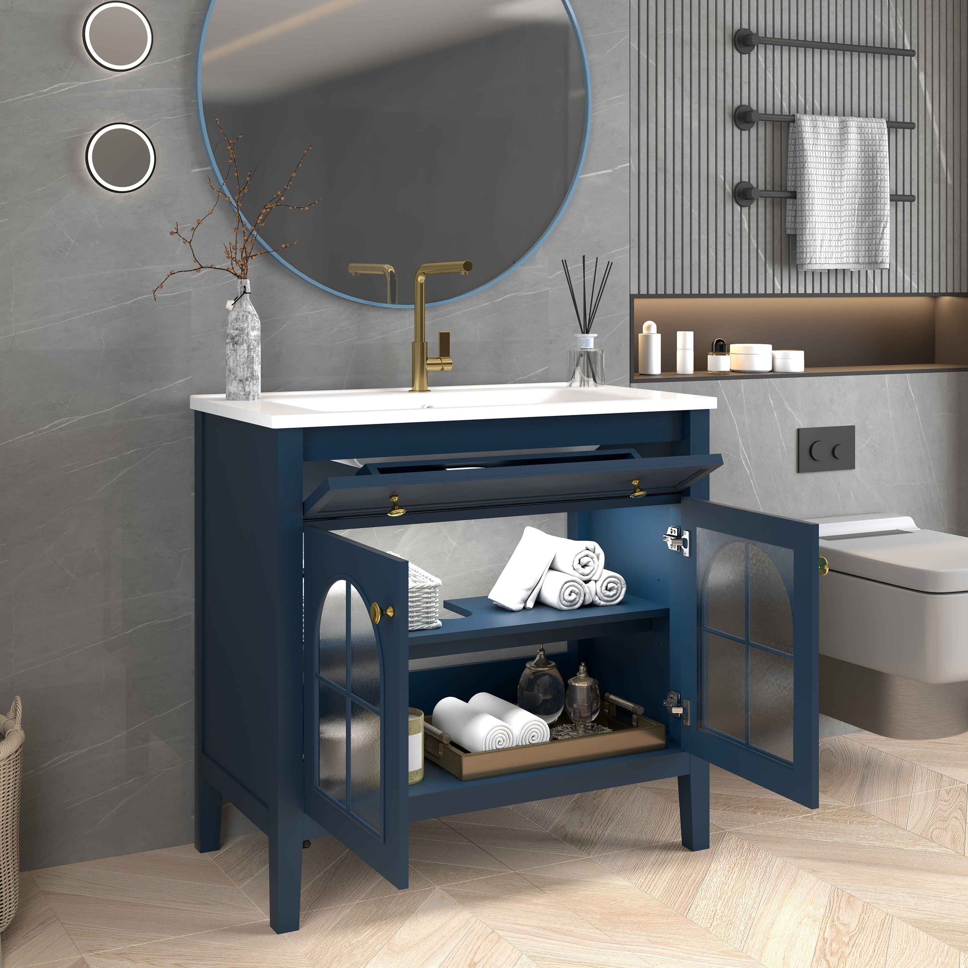 35.6" Mid-Century Bathroom Vanity with Sink – Blue Farmhouse Storage Cabinet