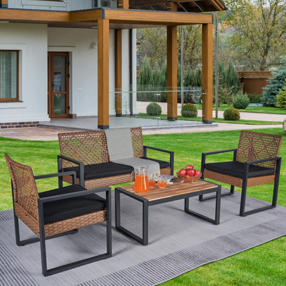 4-Piece Outdoor Patio Furniture Set – Black & Light Brown Garden Sofa Set with Acacia Table