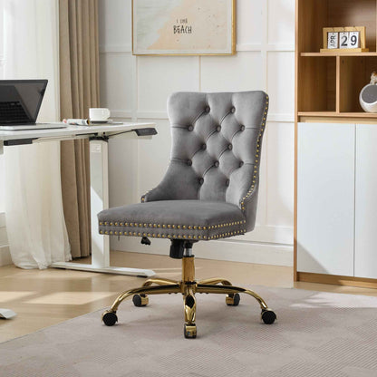 Gray Velvet Tufted Office Chair – Modern Upholstered Swivel Desk Chair with Gold Metal Base (Deliver to United States Only)