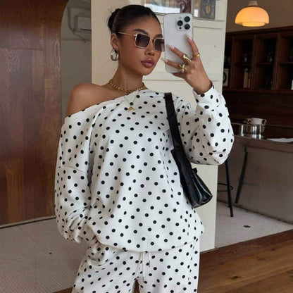 Women’s Polka-Dot Print Two-Piece Set – Long-Sleeve Sweatshirt & Loose-Fit Full-Length Pants