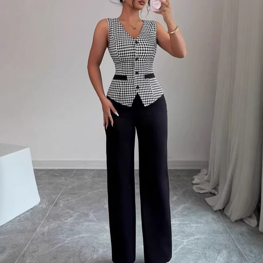 Women’s Houndstooth Vest & Solid Trousers Set – Slim-Fit Sleeveless Two-Piece Casual Suit