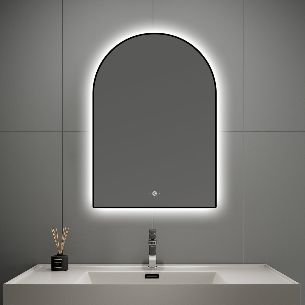 24" x 34" Arched LED Bathroom Mirror, Backlit Frame, Motion Sensor, Anti-Fog – Black / Brush Gold