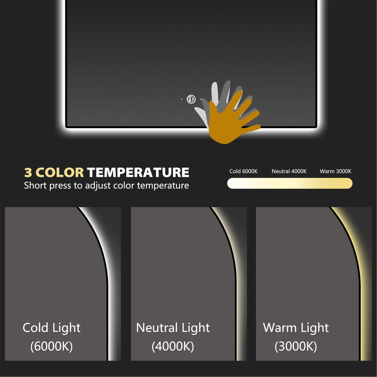 24" x 34" Arched LED Bathroom Mirror, Backlit Frame, Motion Sensor, Anti-Fog – Black / Brush Gold