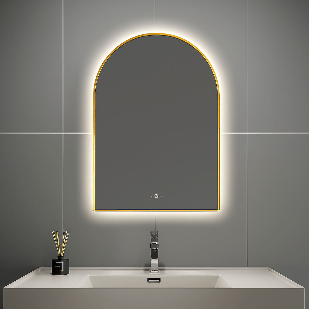 24" x 34" Arched LED Bathroom Mirror, Backlit Frame, Motion Sensor, Anti-Fog – Black / Brush Gold