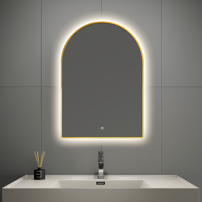 24" x 34" Arched LED Bathroom Mirror, Backlit Frame, Motion Sensor, Anti-Fog – Black / Brush Gold