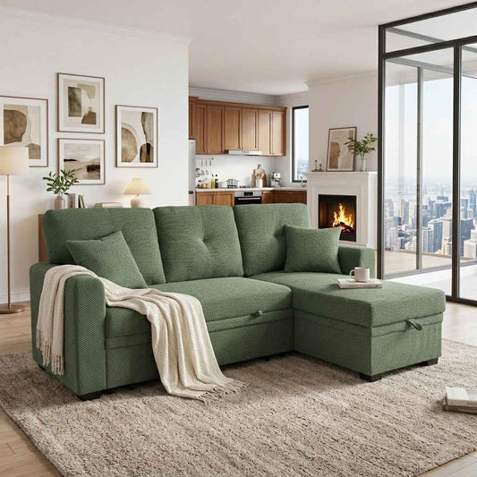 Dark Green Sleeper Sectional Sofa with Pull-Out Bed and Storage Chaise for Living Room (United States Delivery Only)