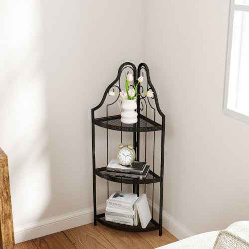 Black Metal 3-Tier Corner Bookcase with Open Shelves (United States Delivery Only)