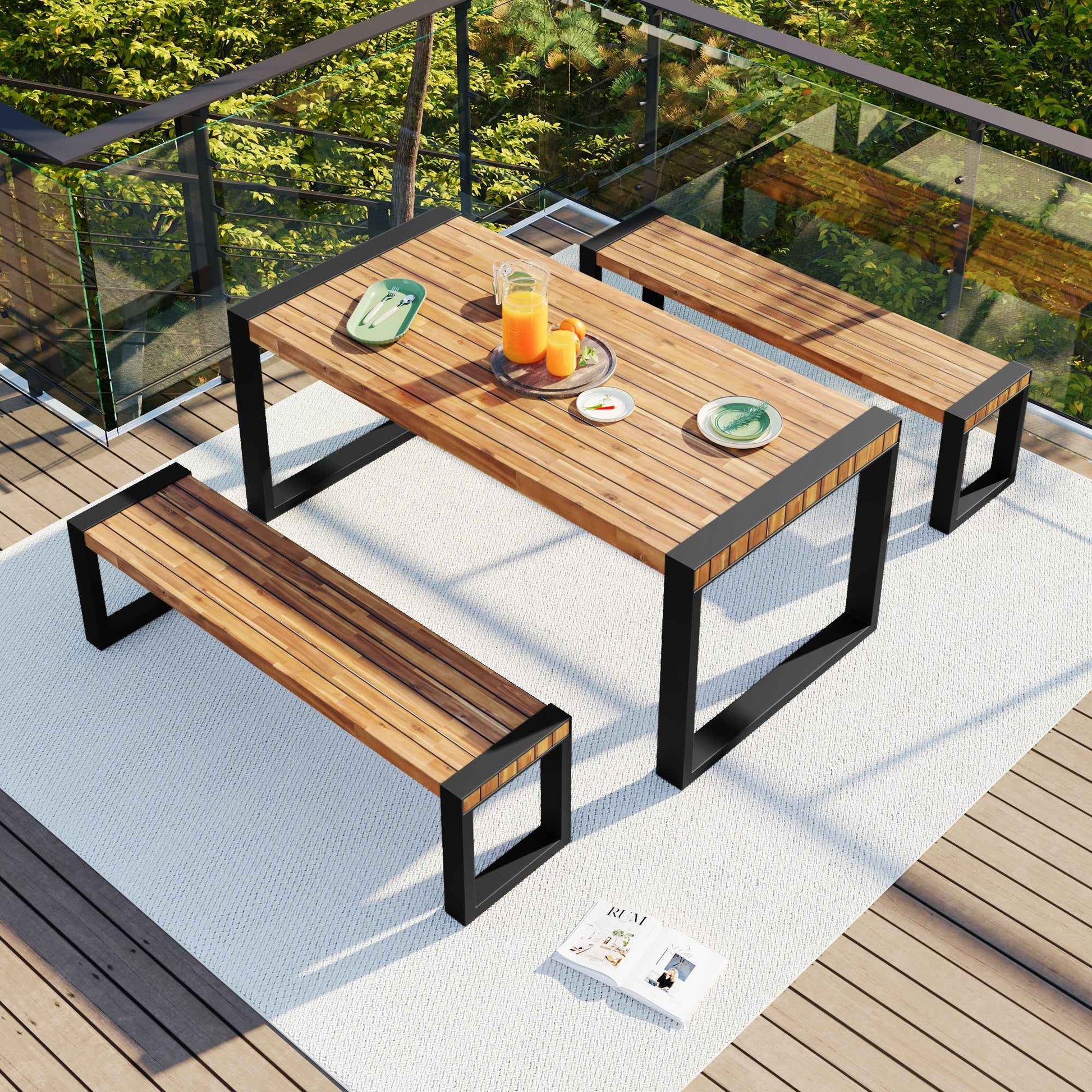 3-Piece Outdoor Dining Set with Acacia Wood Table & 2 Benches – Steel Frame Patio Furniture, Natural (US Delivery Only)