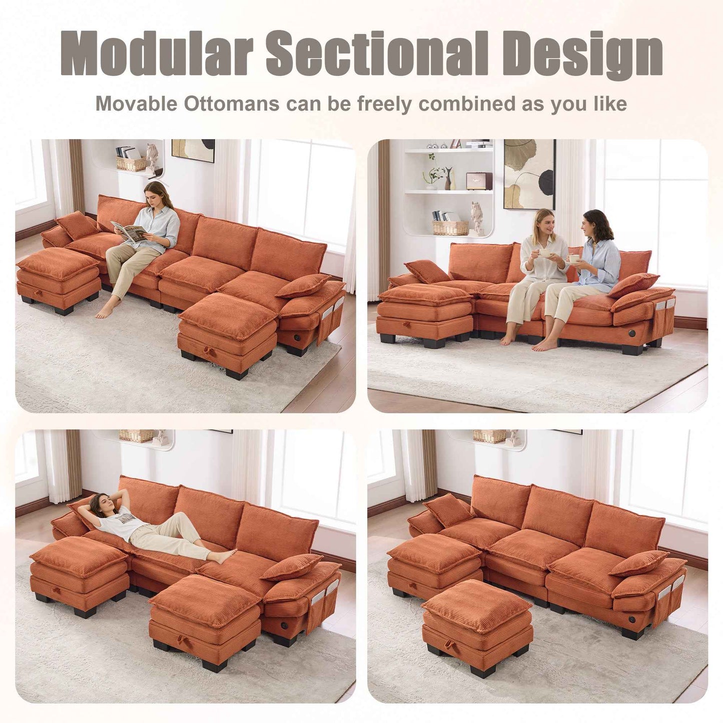 Orange Corduroy Cloud Modular Sectional Sofa – Deep Seat 4-Seat Couch with Storage & USB Ports